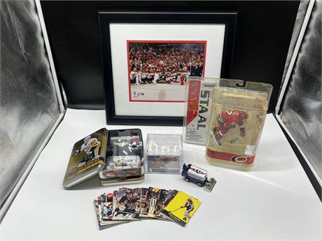 LOT OF NHL COLLECTABLES - CARDS, FIGURE, TEAM CANADA PHOTO, ETC