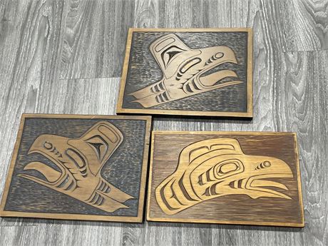 3 FIRST NATIONS HAND CARVED CEDAR PLAQUES 12”x9”