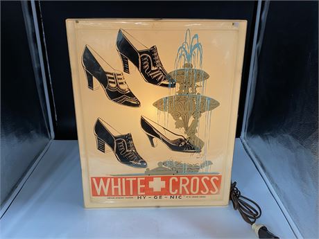 1930s WHITE CROSS ADVERTISING LIGHT UP SIGN (17”x21”, works)