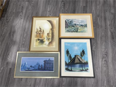 4 SIGNED FRAMED ORIGINAL PAINTINGS (LARGEST 25”x29”)