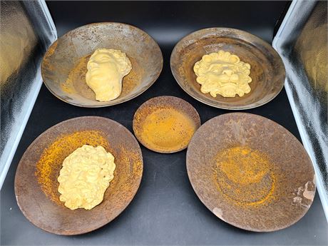 VINTAGE GOLD PANS (3 with face sculptures)
