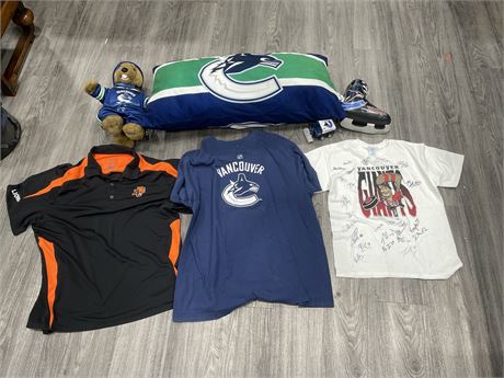LOT OF VANCOUVER SPORTS TEAMS ITEMS INCL: SHIRTS, PILLOW, ETC