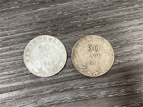 1918 + 1917 NEWFOUNDLAND 50 CENT SILVER COINS