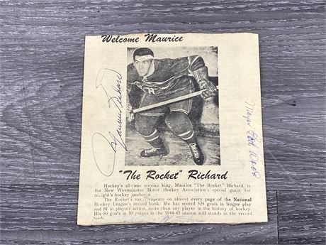 VINTAGE MAURICE RICHARD SIGNED NEWSPAPER CUT OUT - NO COA