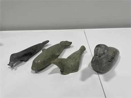 4 SIGNED SOAP STONE FIGURES 10”-11” (LAST ONE HAS SMALL BROKEN PIECE)