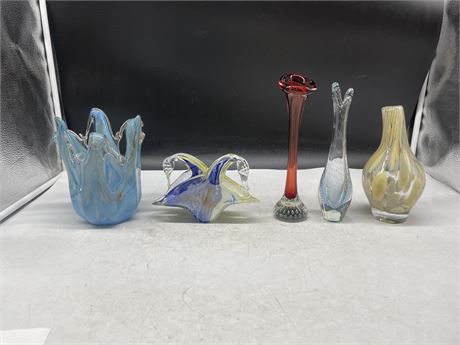 5 ART GLASS VASES - 1 WITH MURANO LABEL LARGEST 9”