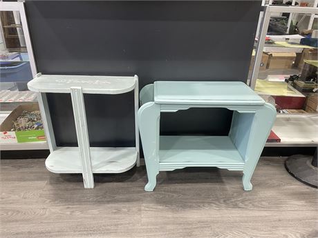 2 CHALKPAINTED WOOD SIDE TABLES (LARGEST 21”x10”x24”)