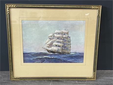ANTIQUE SAILING SHIP SIGNED PICTURE (20”X17”)