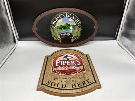 2 BEER SIGNS - BOWEN ISLAND & PIPERS (BOWEN IS 20” WIDE)