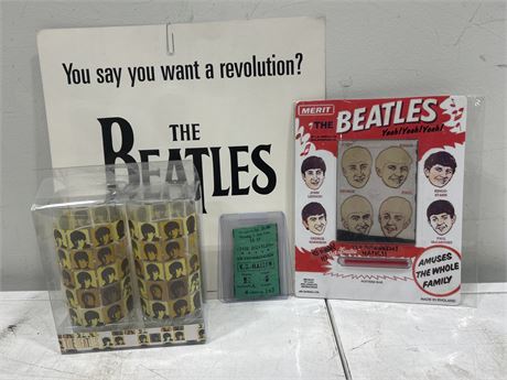 LOT OF ASSORTED BEATLES COLLECTIBLES - CUPS, TICKET + OTHERS