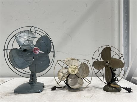 3 VINTAGE DESK FANS - LARGEST IS 14” TALL - SOLD AS IS