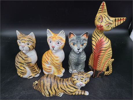 HAND CARVED AND PAINTED CAT FIGURES