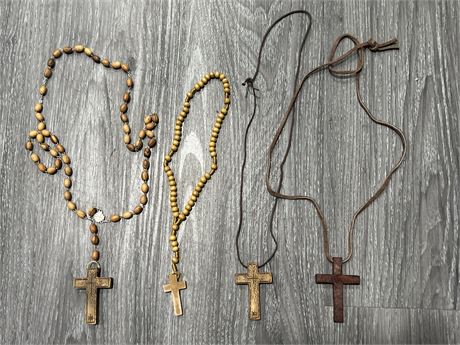 4 WOODEN CROSS NECKLACES / ROSARY
