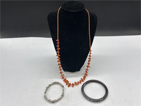 2 BANGLES & AMBER NECKLACE W/MARKED SILVER CLASP