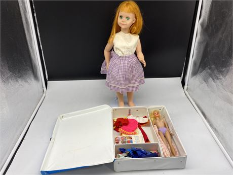 1968 BARBIE DOLLCASE W/ BARBIE & CLOTHES / 20” VINTAGE DOLL & STAND