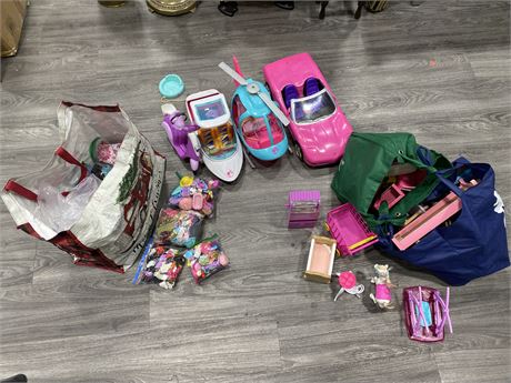 LARGE LOT OF BARBIE ITEMS-VEHICLES, CLOTHES,FURNITURE AND MORE