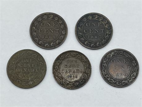 5 CANADA ONE CENT COINS — 1887 / 1888 / 1900 / 1916 / 1917