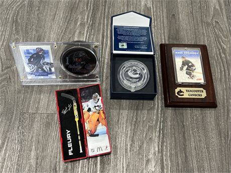 4 NHL COLLECTOR ITEMS INCLUDING CANUCKS GAME USED ICE