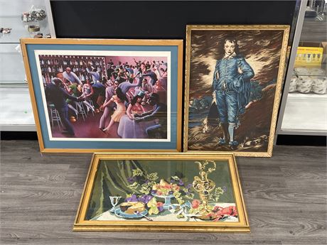 3 FRAMED PRINTS / NEEDLE POINT ART - LARGEST IS 33”x28”