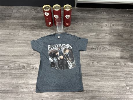 3 NEW OLD SPECKLED HEN PINT GLASSES + BUCKY BARNES SIZE S TSHIRT