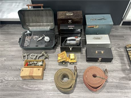 LARGE VINTAGE LOT OF BOXES (MOSTLY EMPTY) TOOLS / STRAPS & OTHERS