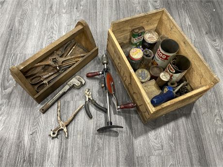 2 BOXES OF ANTIQUE TOOLS & TINS