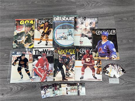 LOT OF VINTAGE NHL MAGS, 1988-89 ESSO ALL STAR CARDS & 1977 OPC INSERTS