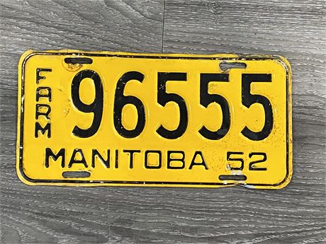 VINTAGE 1952 FARM LICENSE PLATE FROM MANITOBA