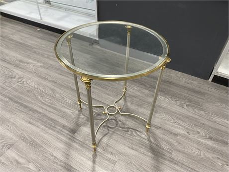 BRASS ANS BRUSHED NICKEL GLASS-TOP TABLE (22” Round X 25” High)