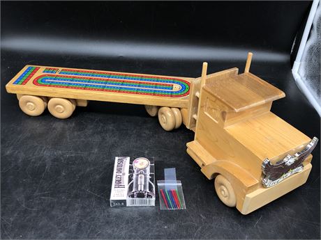 HANDMADE SEMI TRUCK WOODEN CRIBBAGE BOARD (WITH PEGS & HARLEY DAVIDSON CARDS)