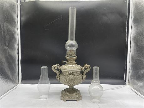 EARLY ORNATE METAL LAMP WITH 3 GLASS TOPS 20”