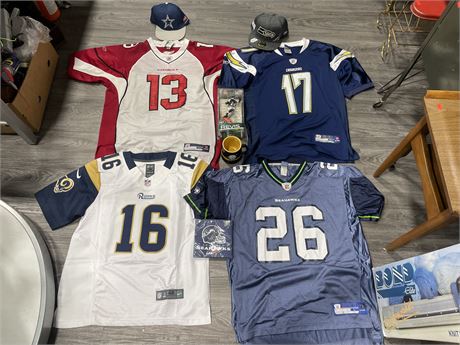 LOT OF 4 NFL JERSEYS, HATS & COLLECTABLES