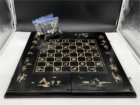 VINTAGE ASIAN BLACK LAQUER INLAYED MOTHER OF PEARL CHESS & BACKGAMMON BOARD