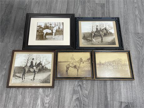 5 VINTAGE FRAMED ENGLISH HORSE RIDERS PHOTOS LARGEST 17”x14”