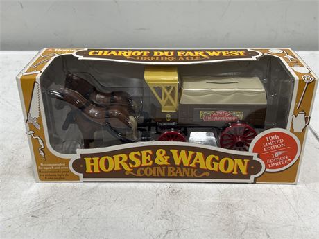 1991 DIECAST HORSE & WAGON COIN BANK IN BOX (11” wide)