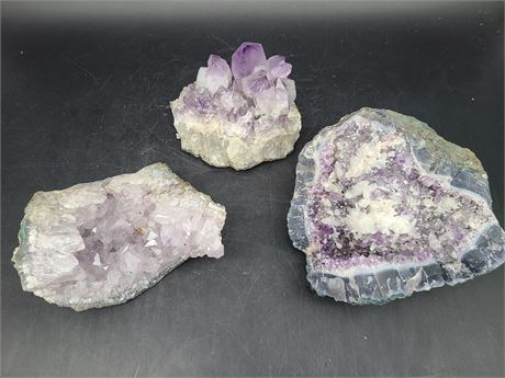 3 AMETHYST SLABS - LARGEST PIECE IS 9” WIDE 4” THICK