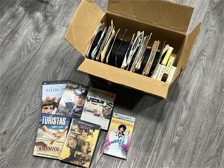 BOX OF 45RPM RECORDS, DVDS, ETC