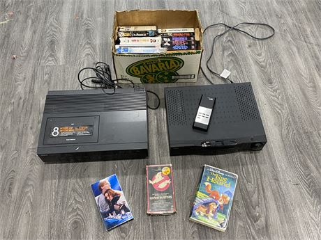 2 VCRS AND BOX OF TAPES