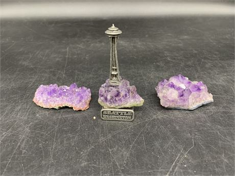 3 PIECE NATURAL AMETHYST STONES W/SEATTLE TOWER