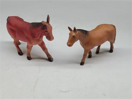 2 CELLULOID FIGURES - HORSE & DONKEY (early 1900's - 3.5")