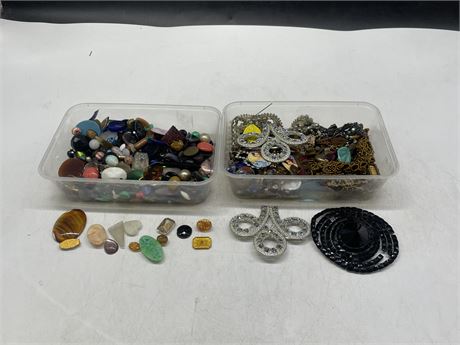 2 PLASTIC CONTAINERS OF OLD JEWELRY PARTS + RHINESTONES