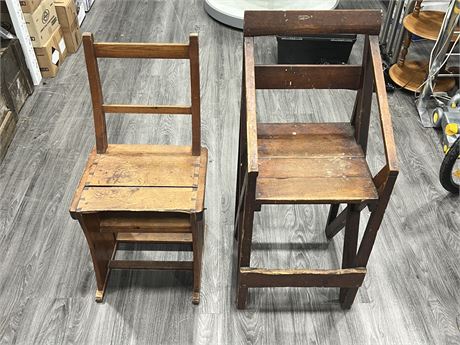 2 VINTAGE WOOD CHAIRS - 1 FLIPS INTO STEP LADDER