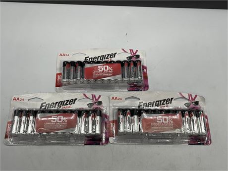 3 PACKAGES OF ENERGIZER MAX AA BATTERIES (24 / PACKAGE, 72 TOTAL)