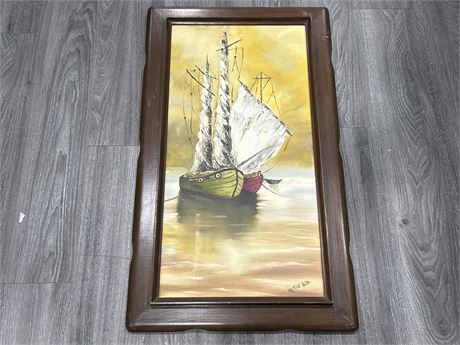 WOODEN FRAMED/SIGNED SHIP PAINTING W/TEAK ACCENTS - 20” X 34”