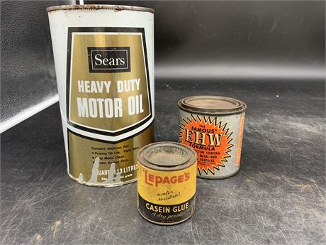 3PCS VINTAGE SEARS OIL CAN, EHW CAN & LEPAGES GLUE CAN