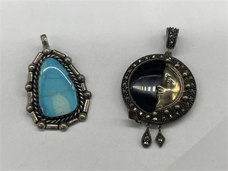 ANTIQUE 925 STERLING SILVER ONYX & TURQUOISE PENDANTS (2” long)