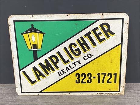 DOUBLE SIDED VINTAGE METAL “LAMPLIGHTER” SIGN (24”X18”)