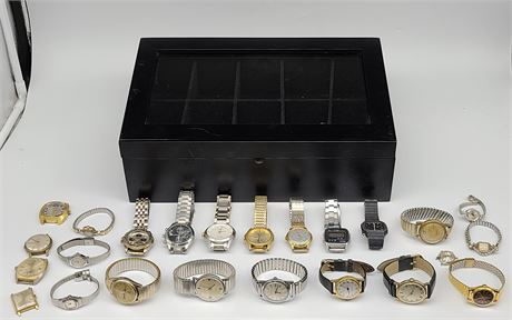 LOT OF WATCHES AND DISPLAY CASE