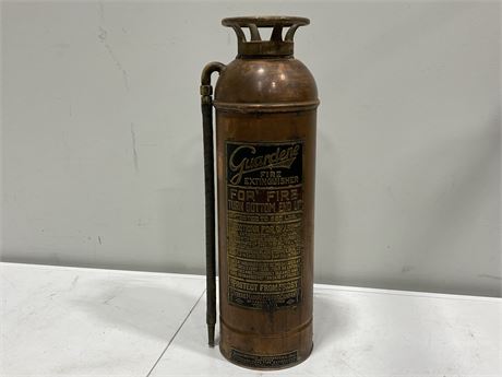 VINTAGE GUARDENE COPPER FIRE EXTINGUISHER (24” tall)