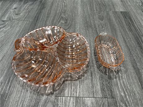 2PCS OF VINTAGE PINK DEPRESSION GLASS - LARGER TRAY IS 10” WIDE